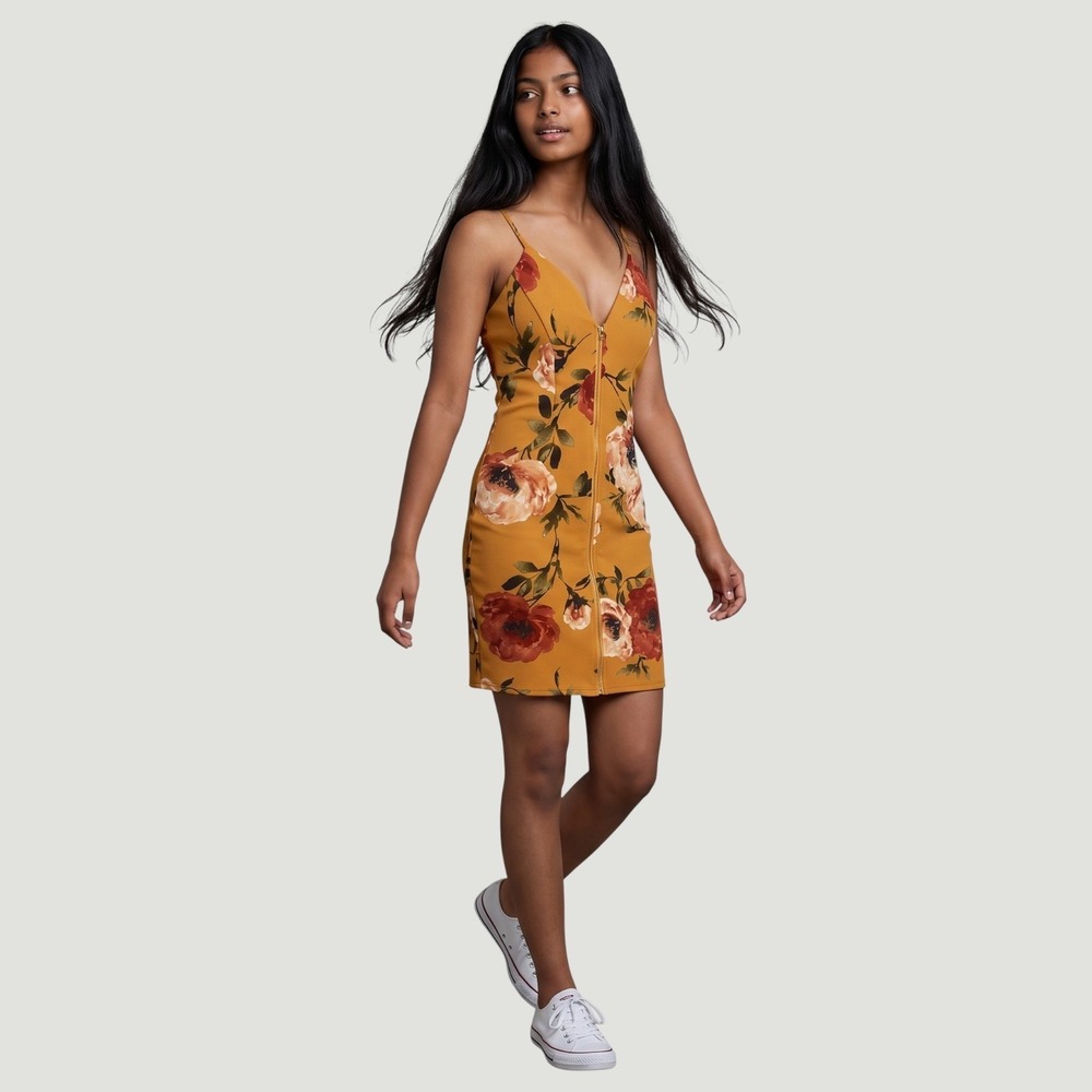 Haute Monde Womens Dress L Yellow Floral Bodycon Party Mini Clubwear Chic 90's